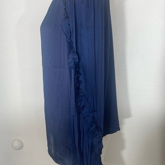 Loft mixed media ruffle sleeve top navy blue round neck puff shoulders medium - Picture 5 of 7